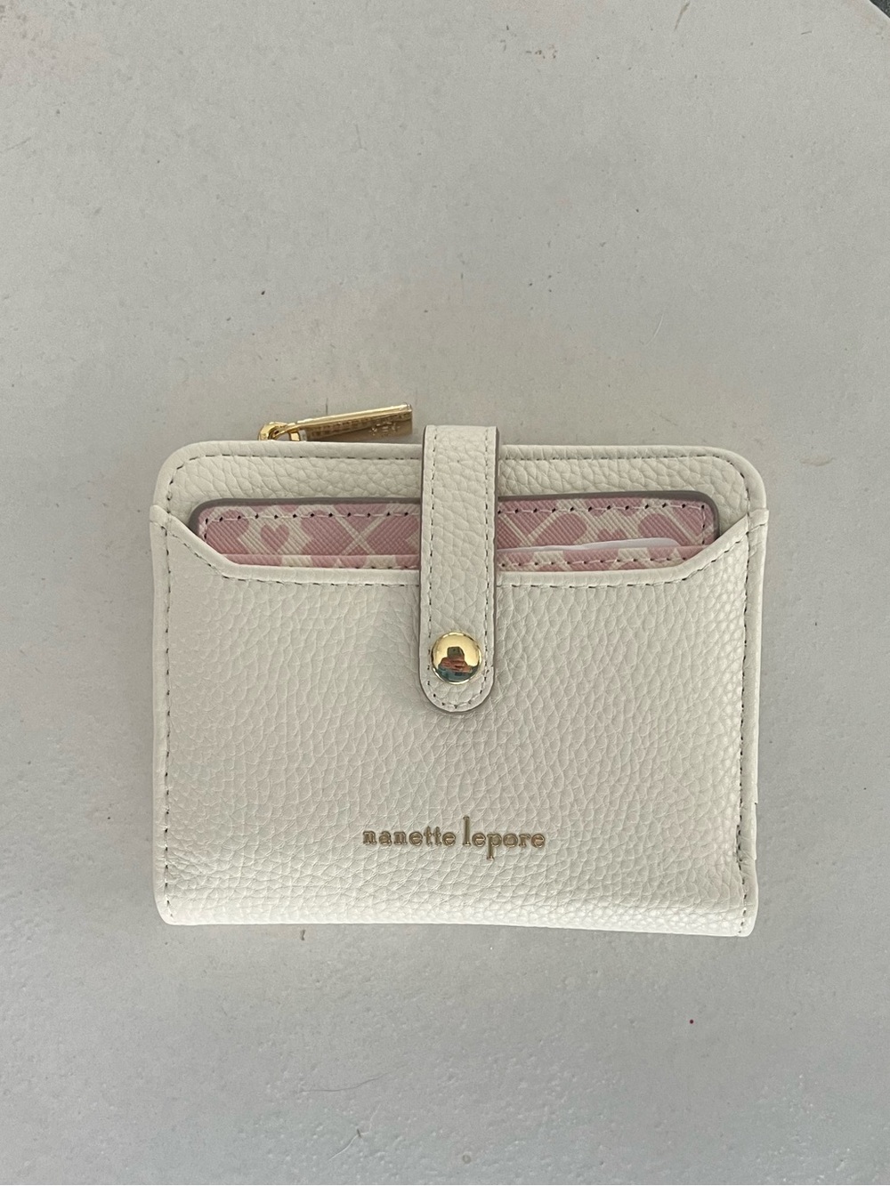 Nanette Lepore Cream Leather Zip Card Wallet with Pink Card Case